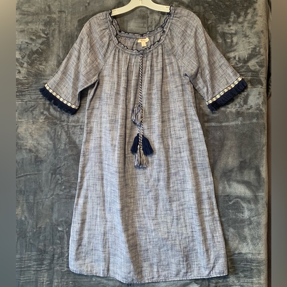 Style & Co Linen Shift Dress Blue/Gray Small Tassels Boho Knee Length - Picture 2 of 10